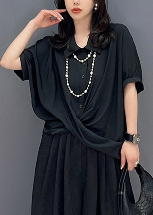 Black Asymmetrical Button Solid Shirts Short Sleeve