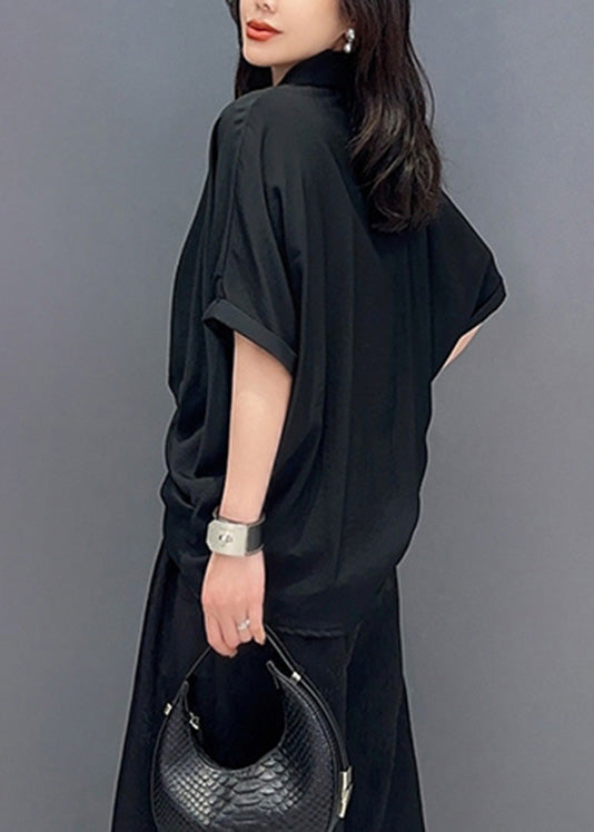 Black Asymmetrical Button Solid Shirts Short Sleeve