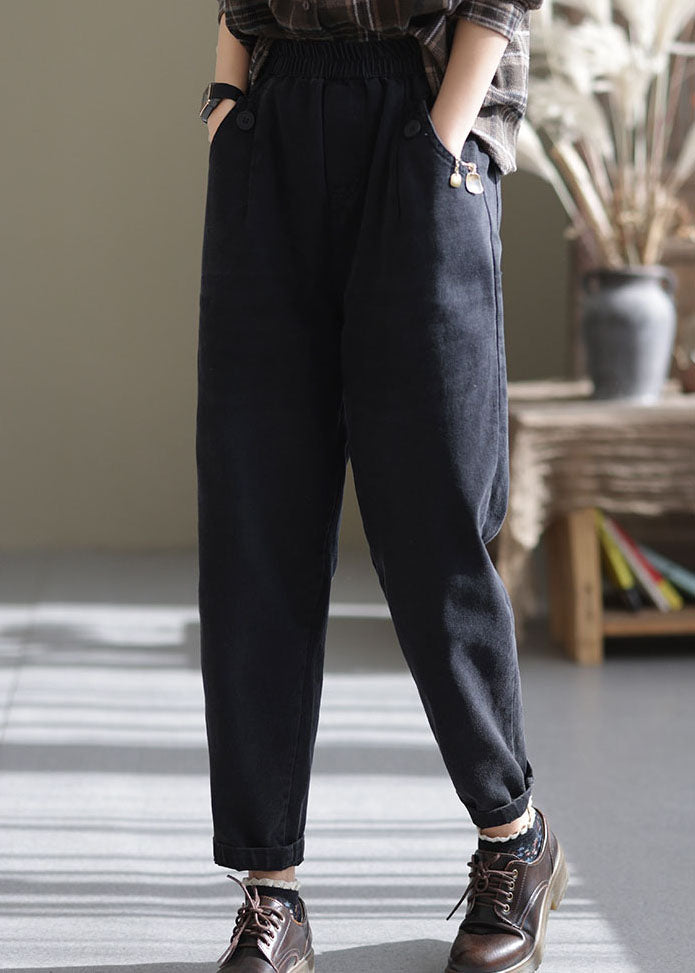 Pantalon de denim en coton noir bouton printemps cintré