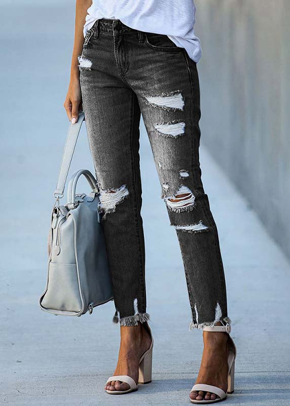 Black Denim Ripped Pants High Waist Summer