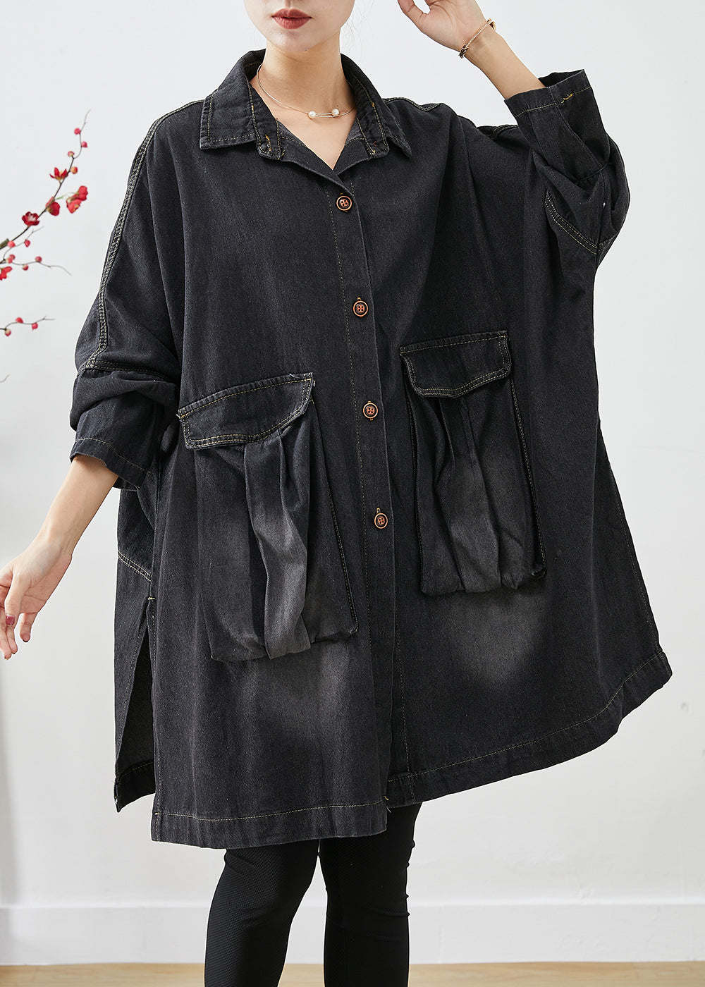 Black Denim Trench Poches surdimensionnées Sleeve Batwing