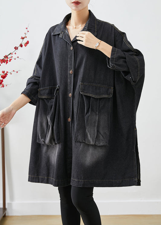 Black Denim Trench Poches surdimensionnées Sleeve Batwing