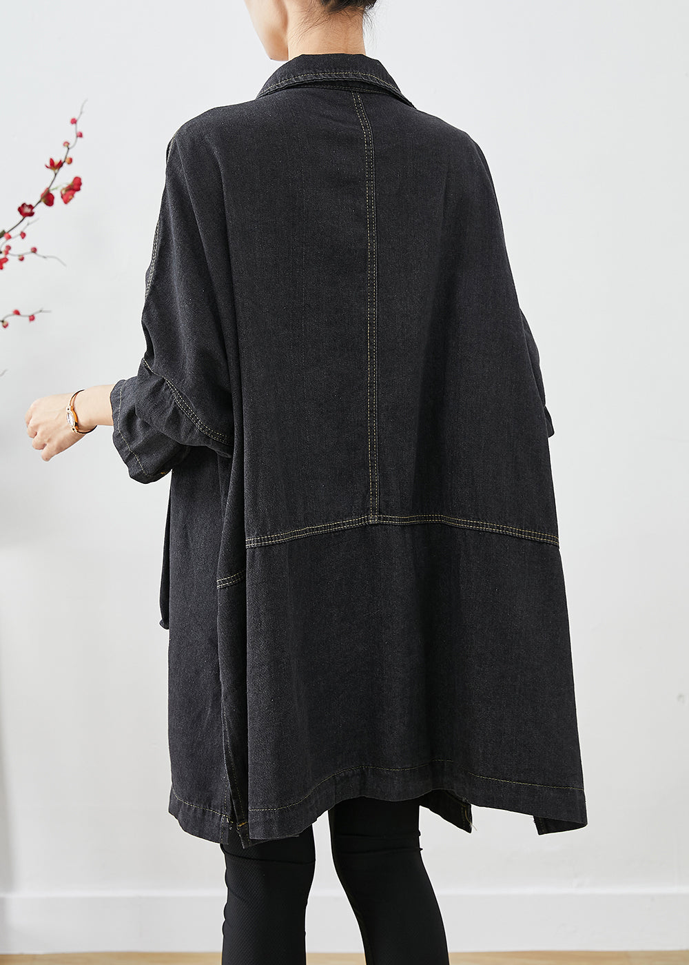 Black Denim Trench Poches surdimensionnées Sleeve Batwing