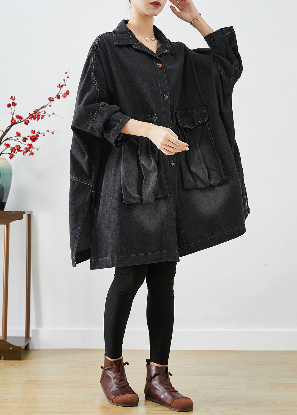 Black Denim Trench Poches surdimensionnées Sleeve Batwing