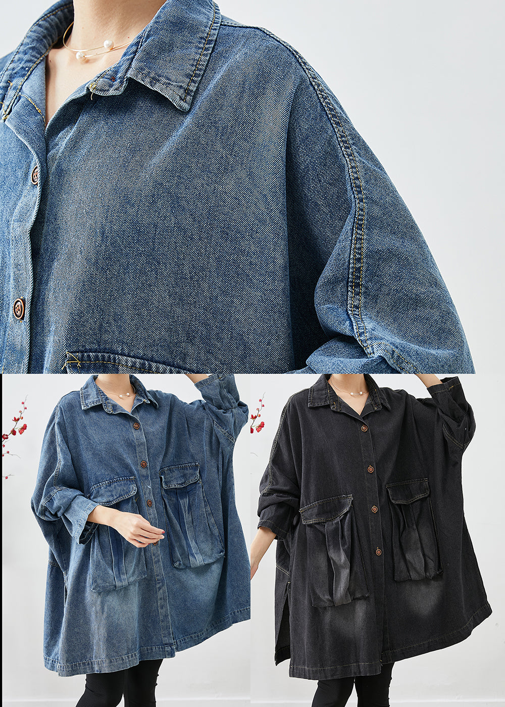 Black Denim Trench Poches surdimensionnées Sleeve Batwing