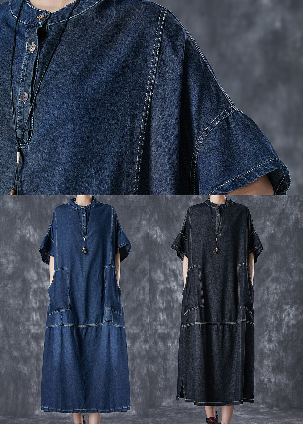 Robes de vacances en denim noir stand pochets de col