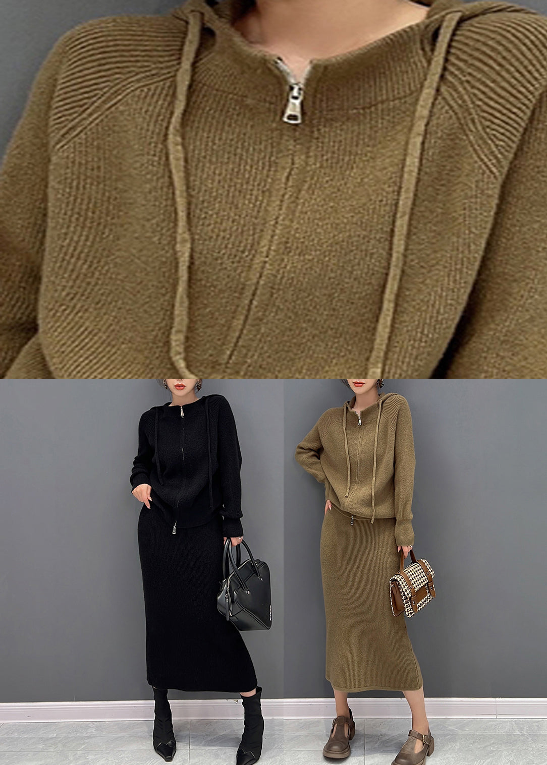 Les pulls en tricot à cordon noir et les jupes maxi jupes en deux pièces hiver