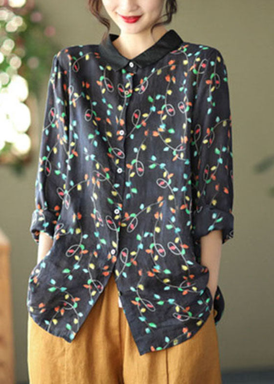 Black Floral Ramie Loose Blouse Top Peter Pan Collar Long Sleeve