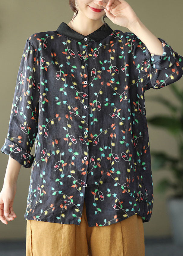 Black Floral Ramie Loose Blouse Top Peter Pan Collar Long Sleeve