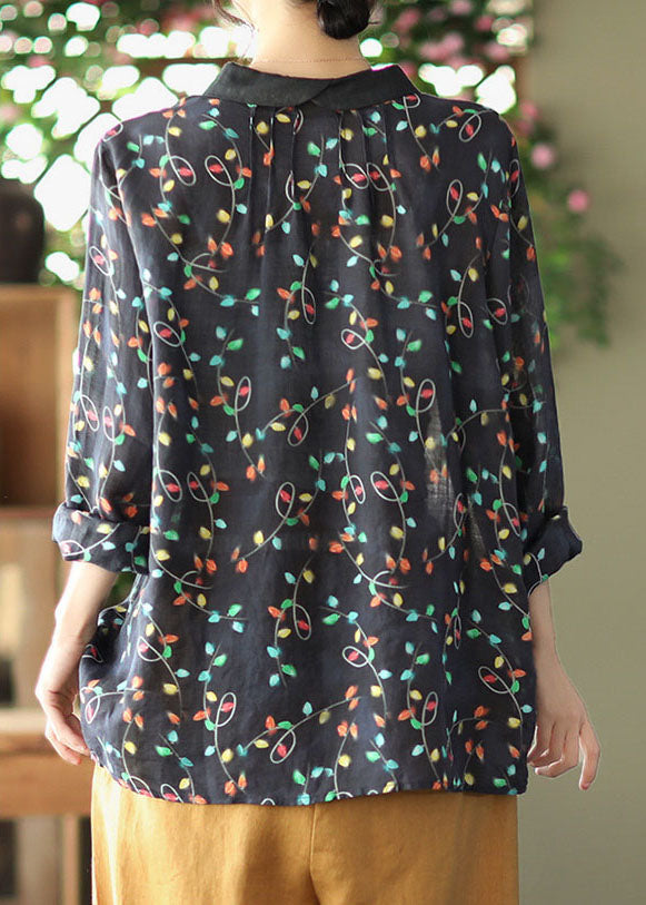 Black Floral Ramie Loose Blouse Top Peter Pan Collar Long Sleeve