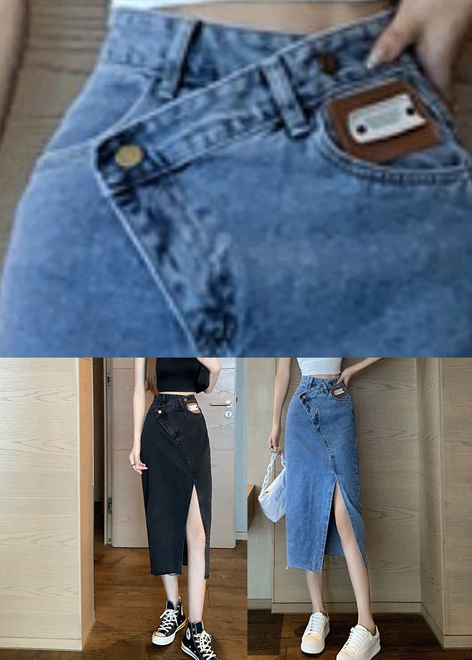 Poches de taille haute noire bouton denim solide une jupe de ligne