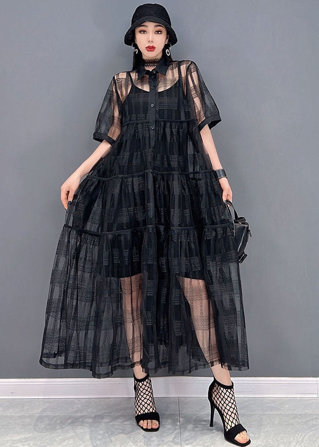 Black Hollow Out Tulle Shirt Robe Two Piece Set Optifits Button Summer