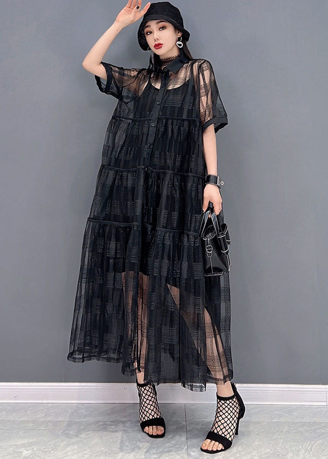 Black Hollow Out Tulle Shirt Robe Two Piece Set Optifits Button Summer