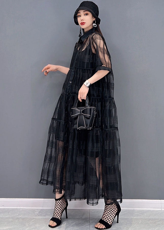 Black Hollow Out Tulle Shirt Robe Two Piece Set Optifits Button Summer