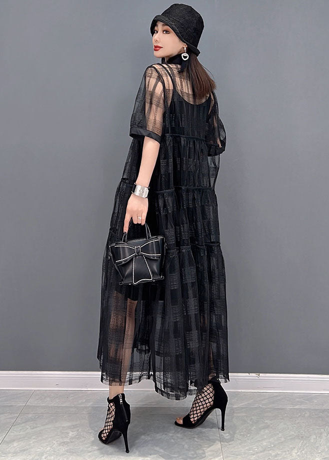 Black Hollow Out Tulle Shirt Robe Two Piece Set Optifits Button Summer