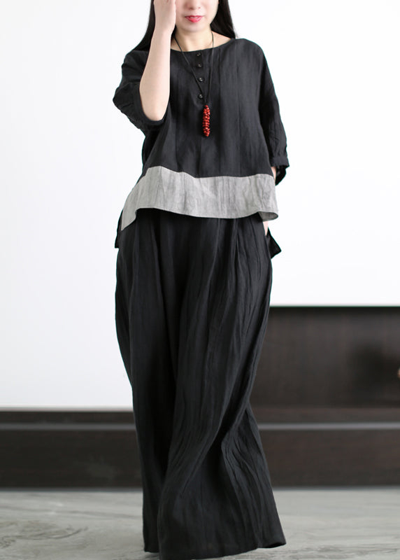 Black Linen Two Pieces Set Wrinkled Asymmetrical Half Sleeve