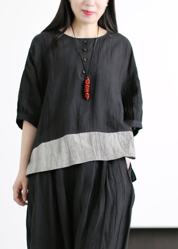 Black Linen Two Pieces Set Wrinkled Asymmetrical Half Sleeve