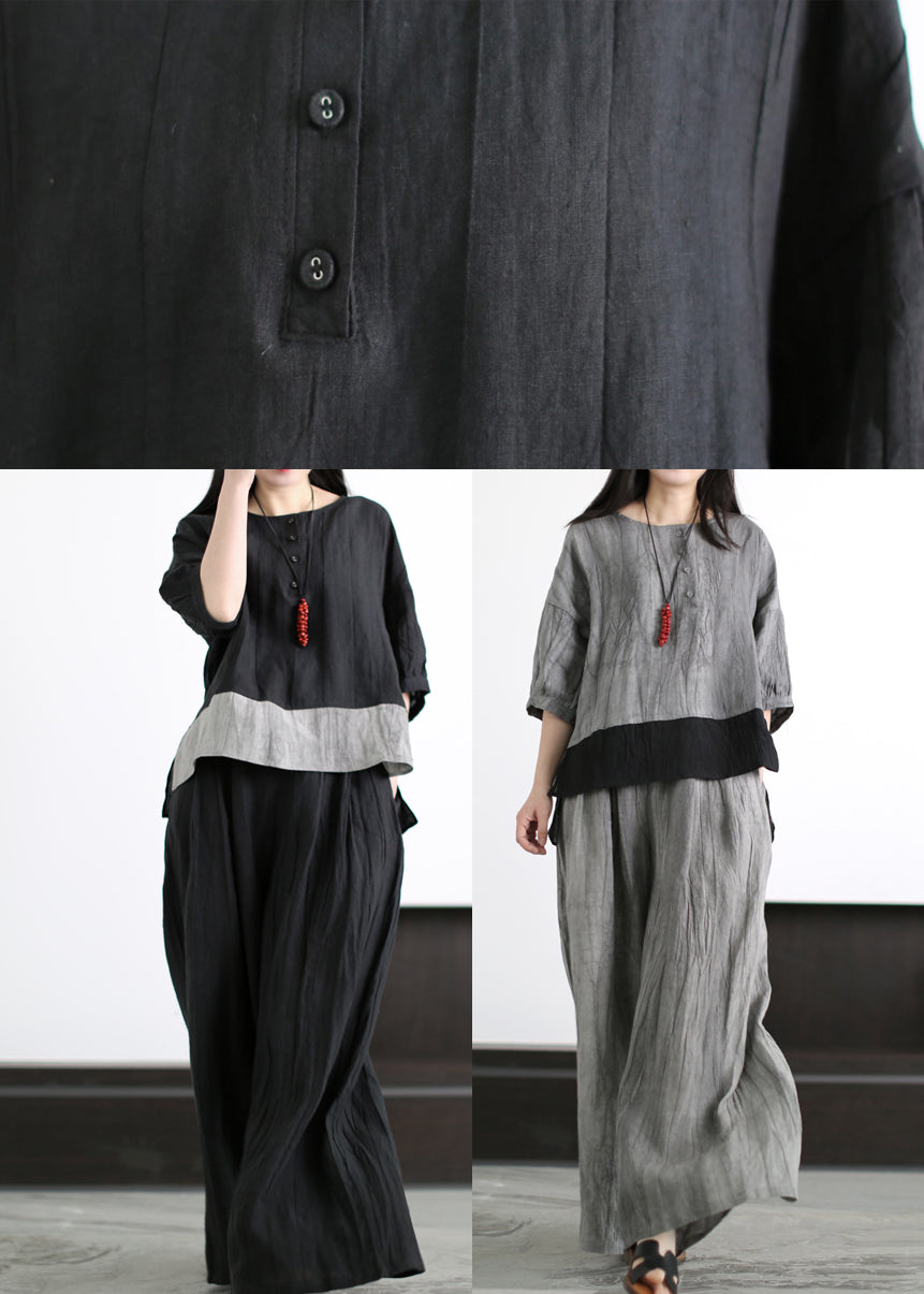 Black Linen Two Pieces Set Wrinkled Asymmetrical Half Sleeve