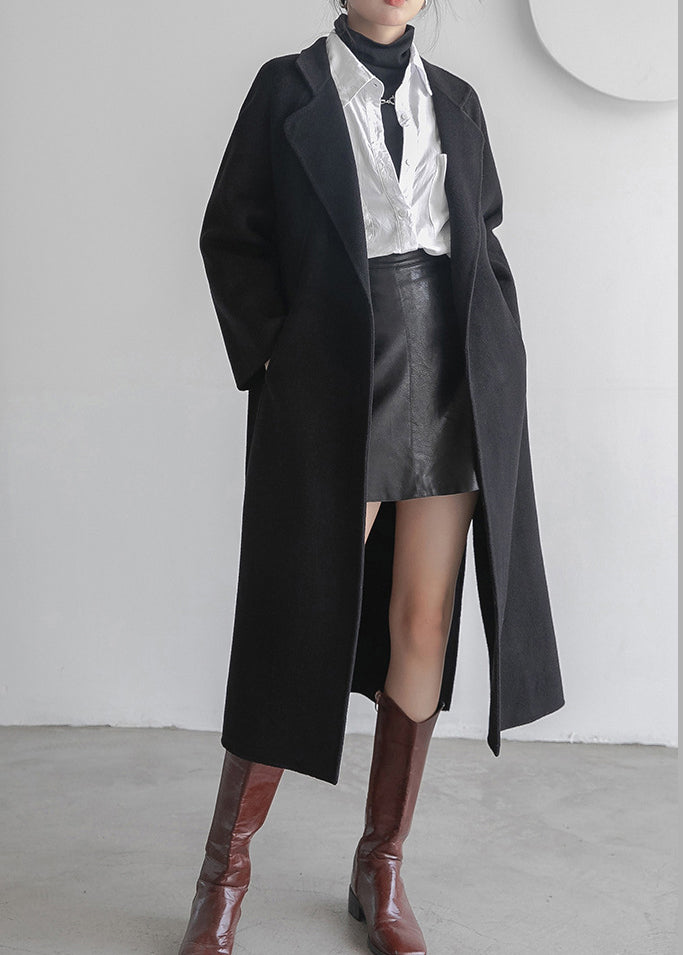 Black Notched Tie Waist Woolen Long Coats Fall