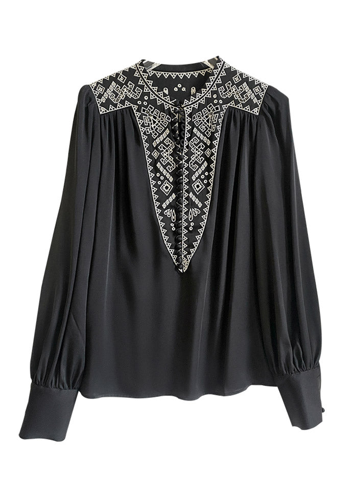 Black O-Leck Hollow Out Button Silk Shirt