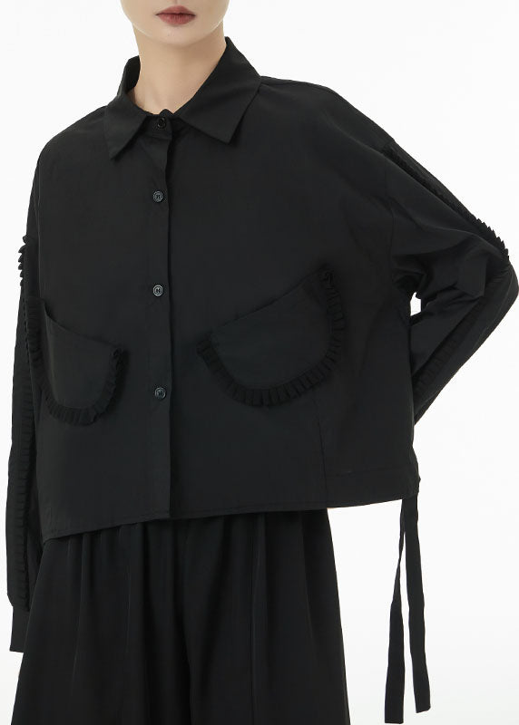 Black Original Design Cotton Shirt Top Peter Pan Collar Pockets Spring