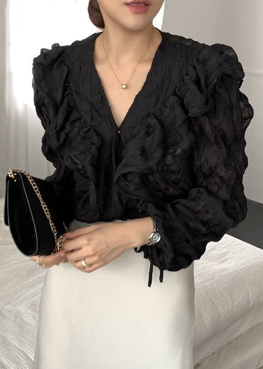 Black Patchwork Chiffon Shirts Tops Ruffled V Neck Spring