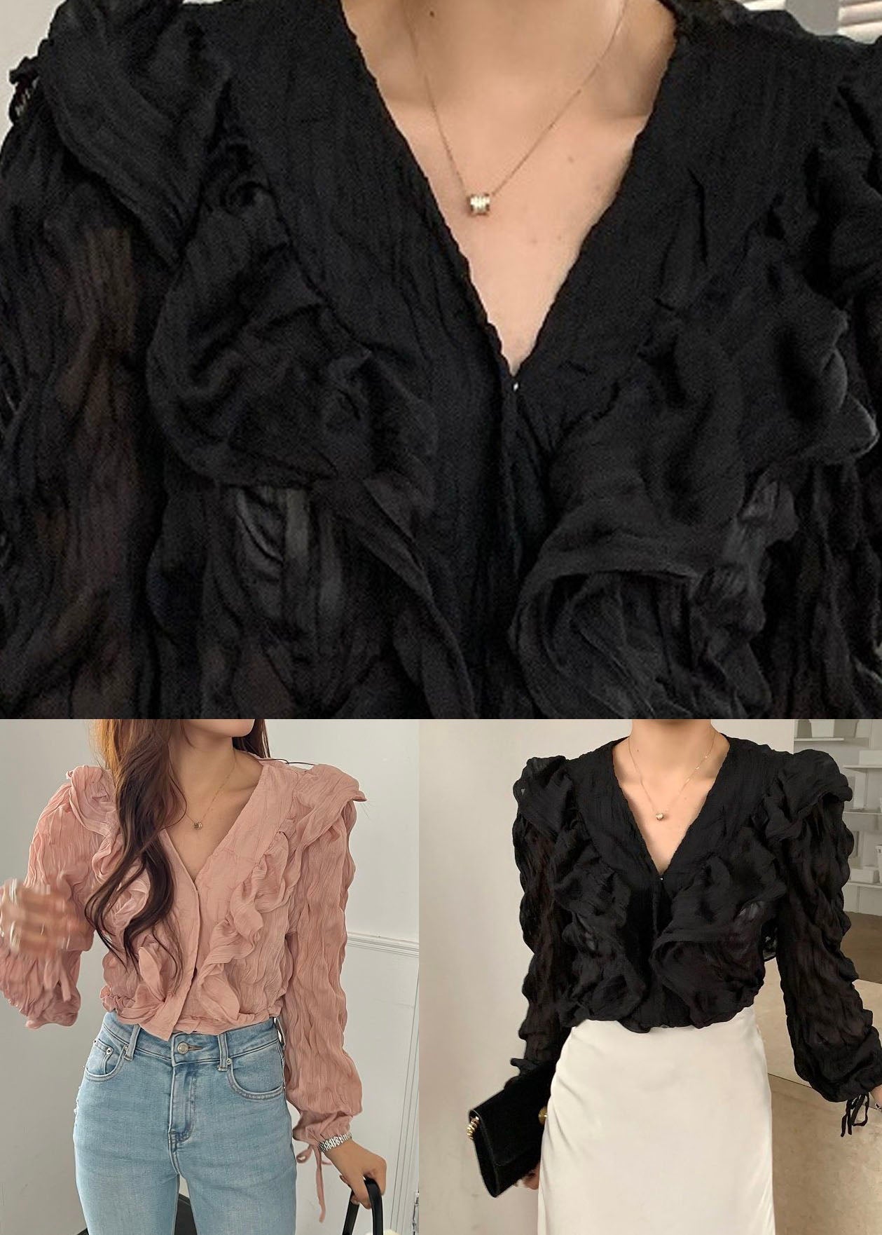 Black Patchwork Chiffon Shirts Tops Ruffled V Neck Spring