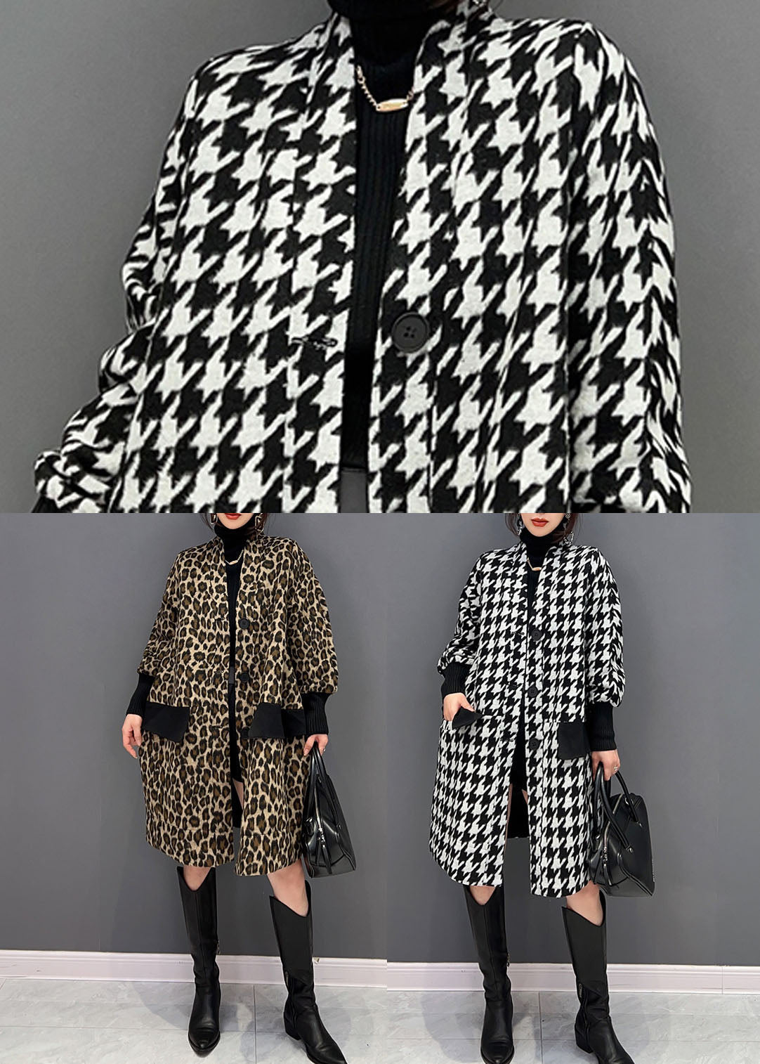 Patchwork noire Cotton Coats V Pockets de cou Spring