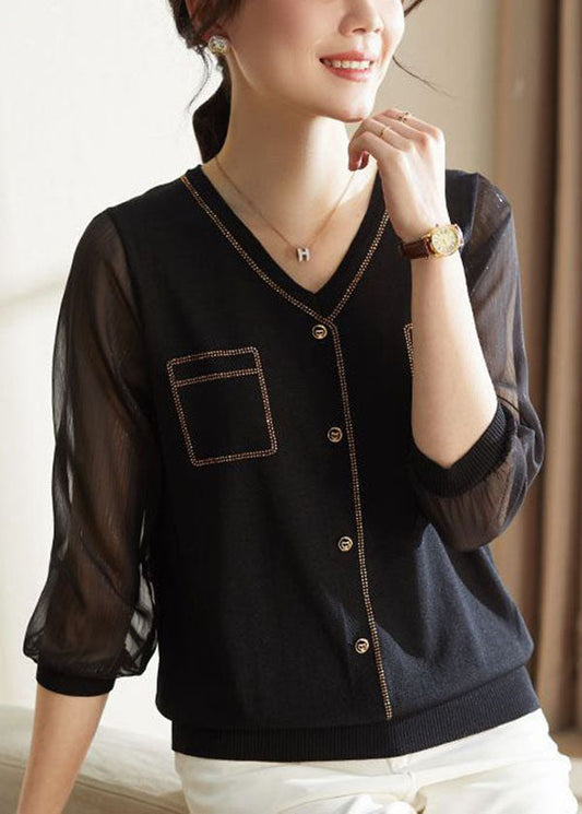 Black Patchwork Knit Blouse Tops V Neck Bracelet Sleeve