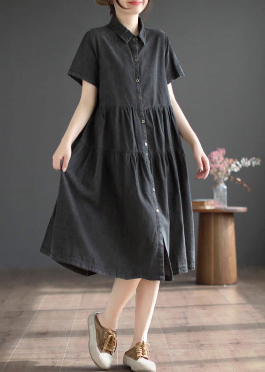 Black Peter Pan Collar Button Silk Denim Maxi Shirts Robes Couchés Couchés