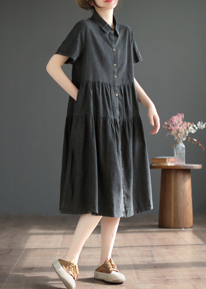 Black Peter Pan Collar Button Silk Denim Maxi Shirts Robes Couchés Couchés