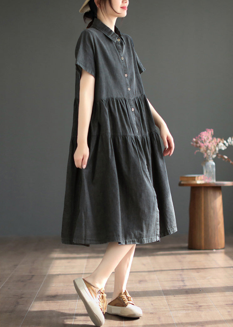 Black Peter Pan Collar Button Silk Denim Maxi Shirts Robes Couchés Couchés