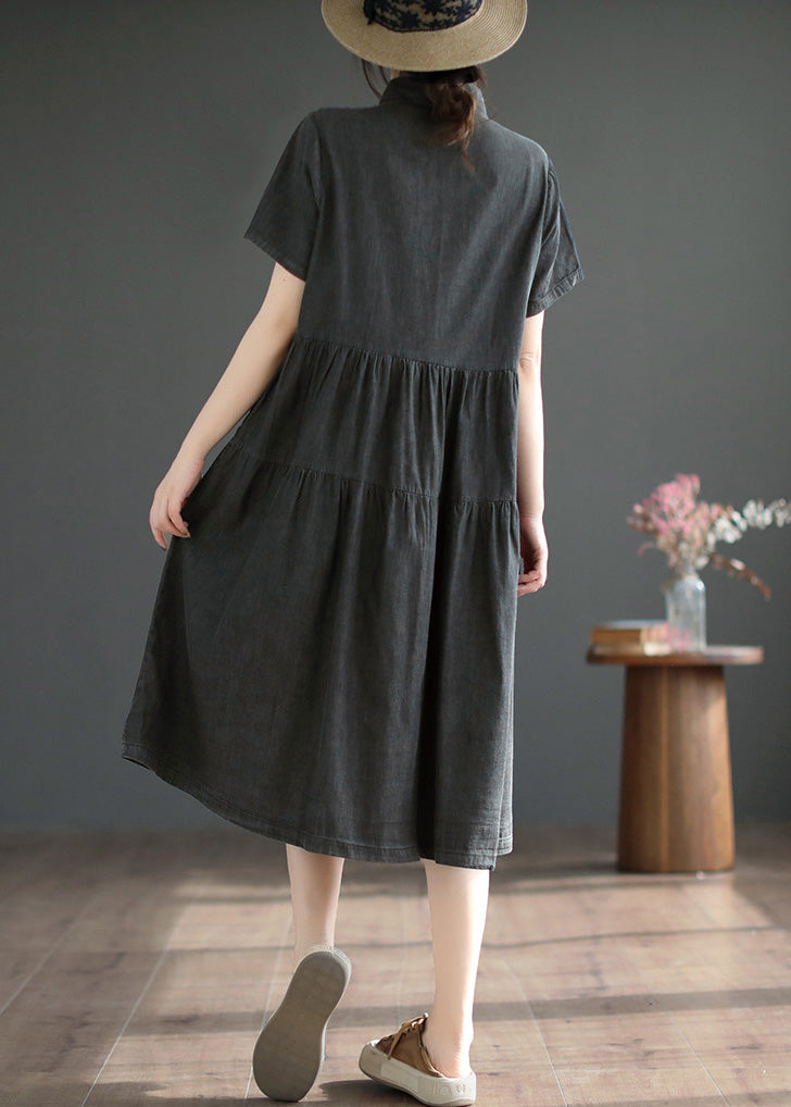 Black Peter Pan Collar Button Silk Denim Maxi Shirts Robes Couchés Couchés