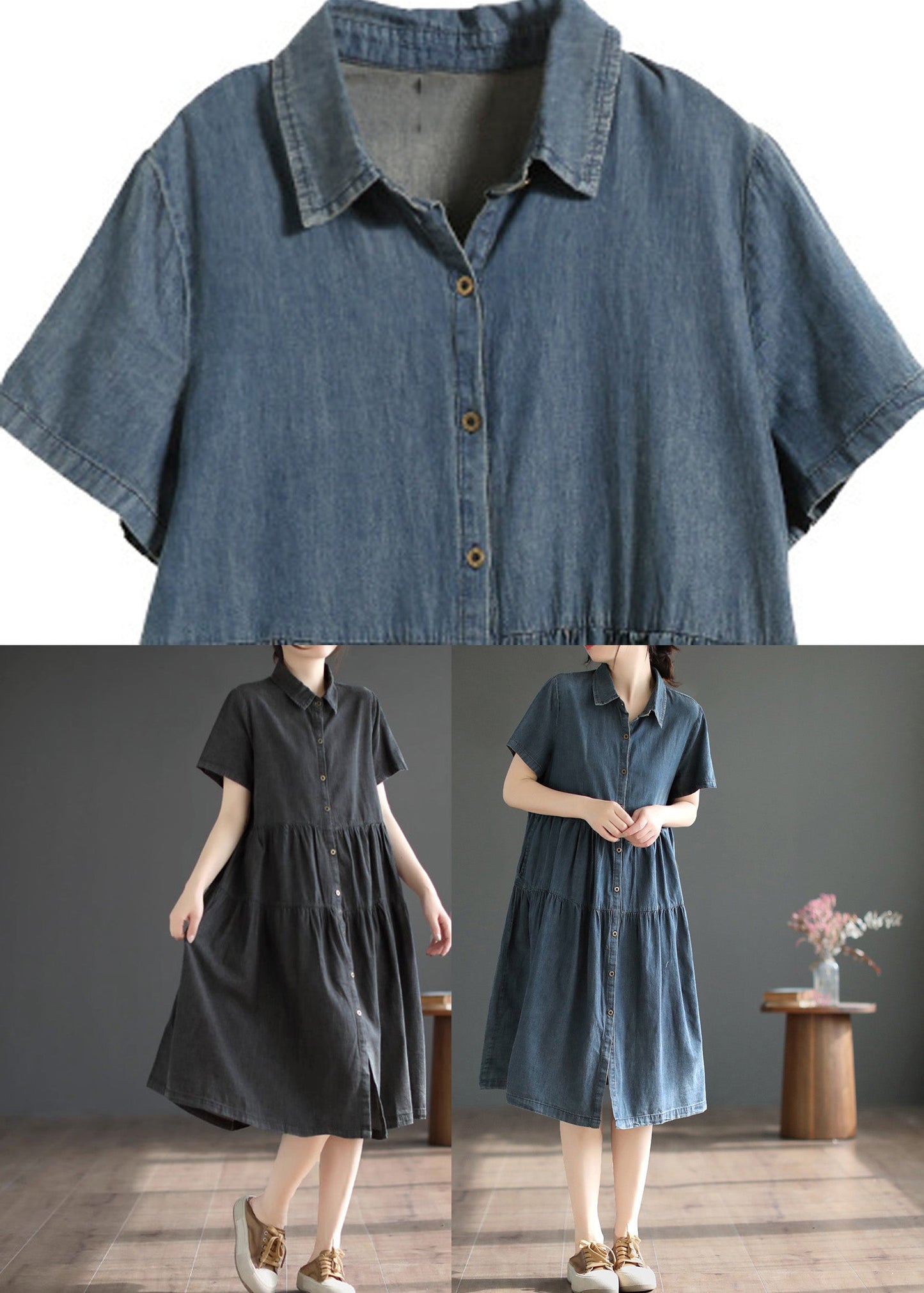 Black Peter Pan Collar Button Silk Denim Maxi Shirts Robes Couchés Couchés