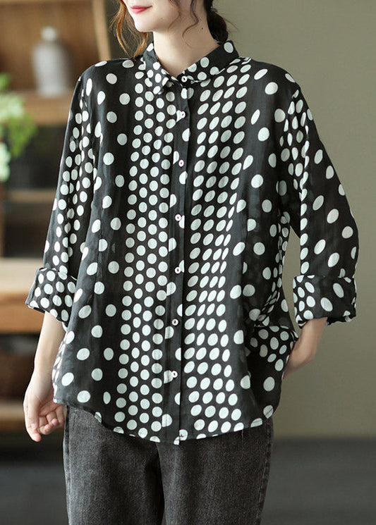 Black Peter Pan Collar Dot Button Linn Shirt Long Manneve