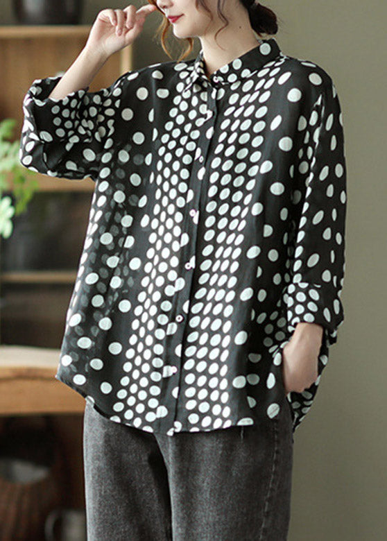 Black Peter Pan Collar Dot Button Linn Shirt Long Manneve