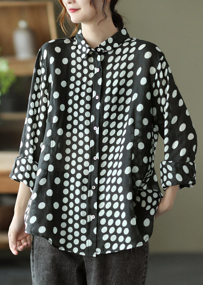 Black Peter Pan Collar Dot Button Linn Shirt Long Manneve