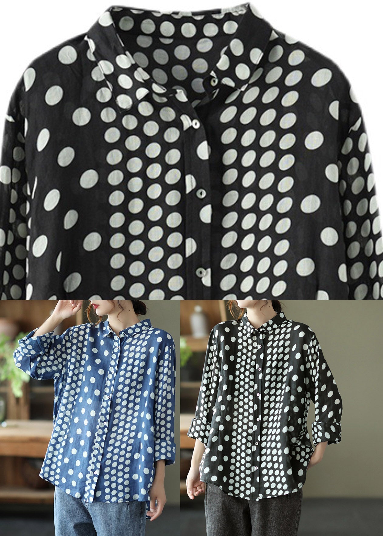 Black Peter Pan Collar Dot Button Linn Shirt Long Manneve