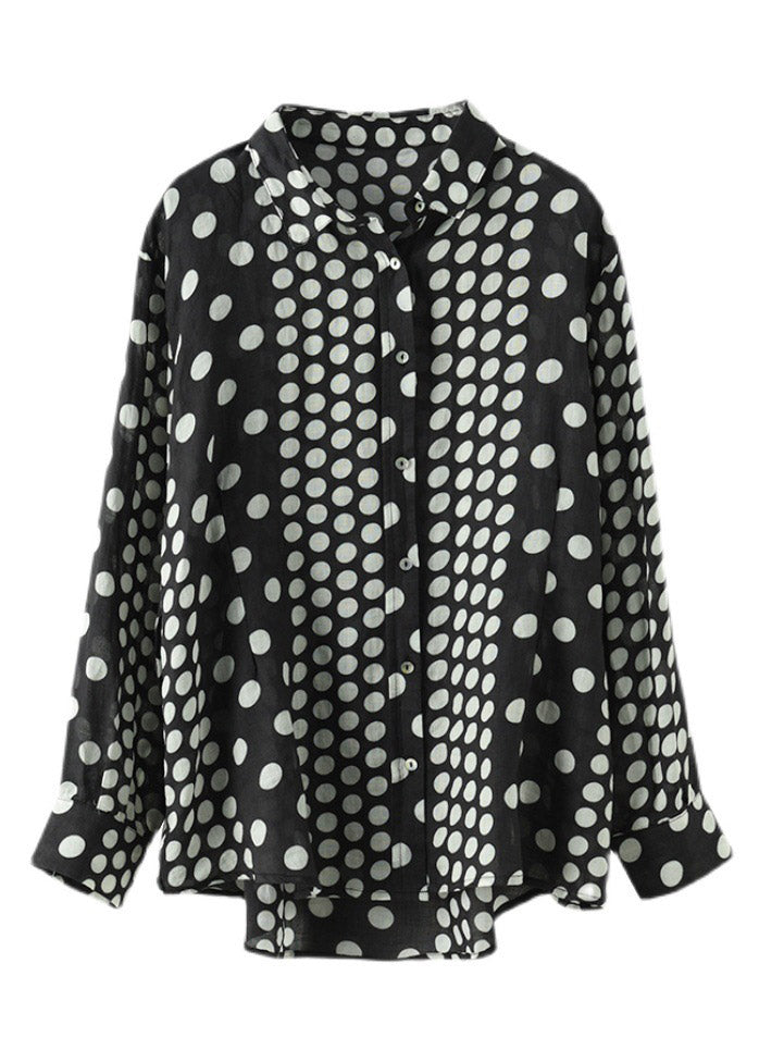 Black Peter Pan Collar Dot Button Linn Shirt Long Manneve