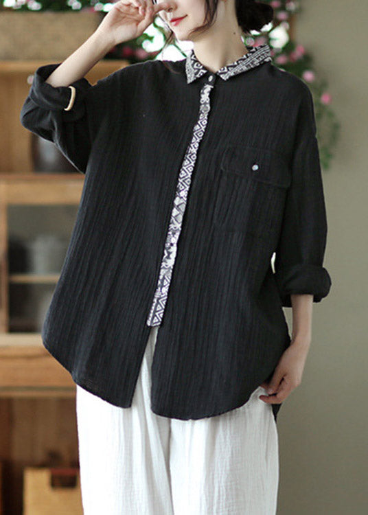 Black Peter Pan Collar Print Patchwork Shirt Long Sleeve