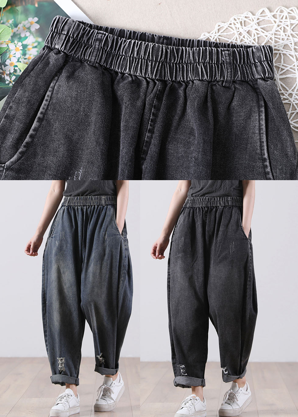 Poches noires pantalon harem en denim en coton