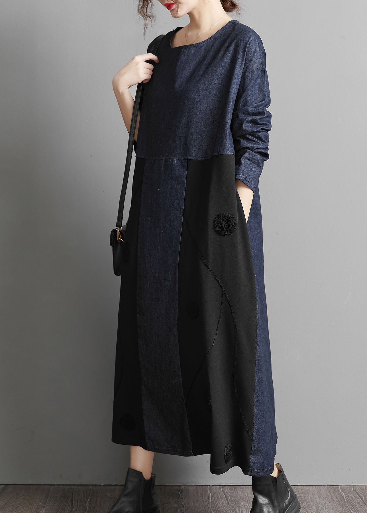 Black Pockets Patchwork Denim Robes Maxi Robes brodées