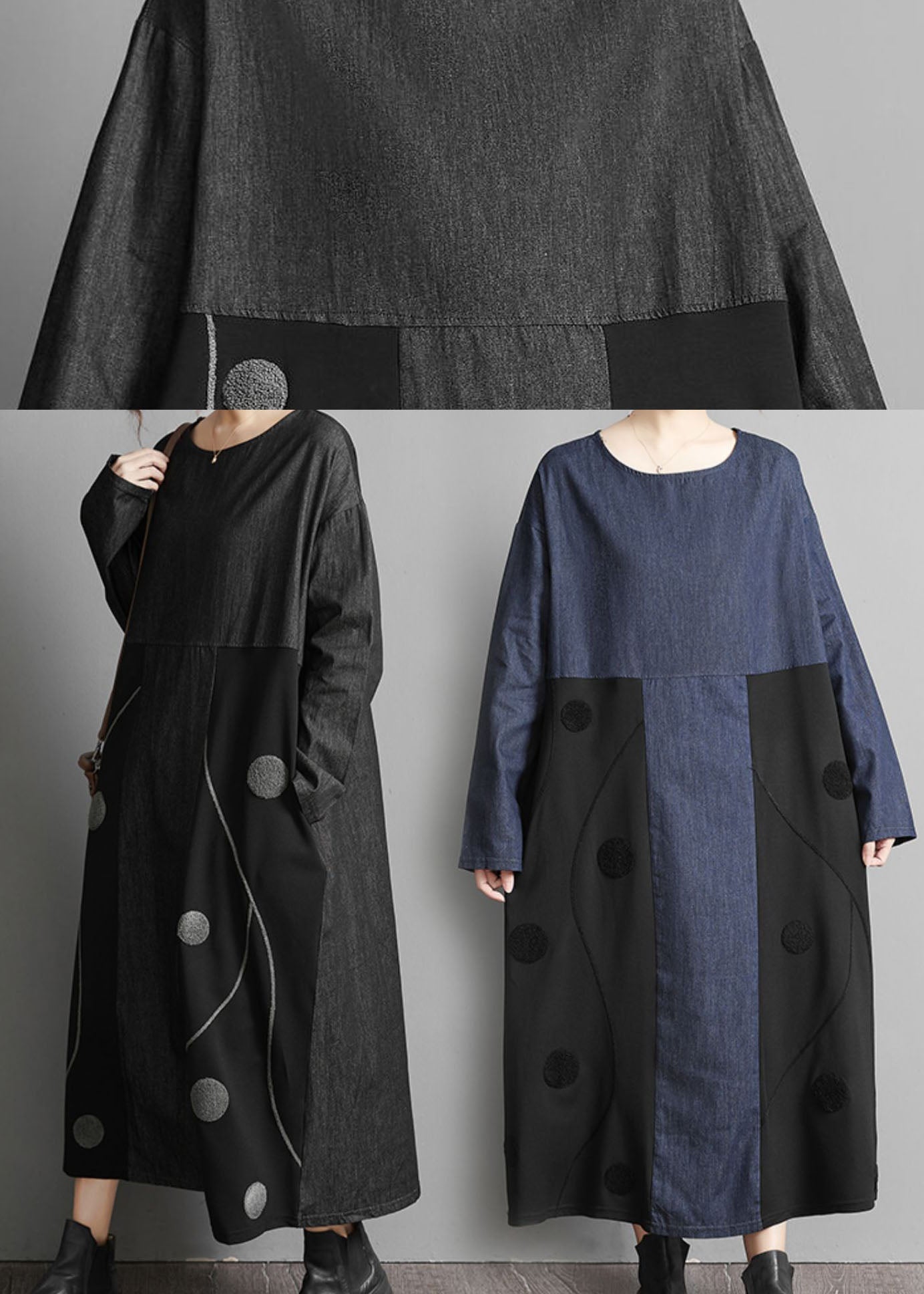 Black Pockets Patchwork Denim Robes Maxi Robes brodées