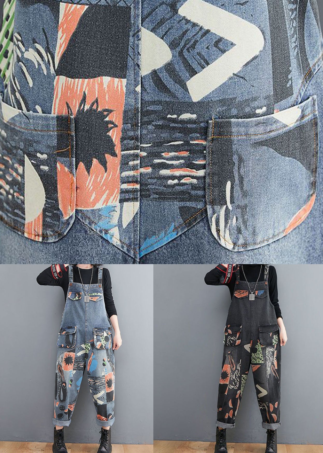 Black Primp Patchwork Denim Jumps Curchs Pockets Spring