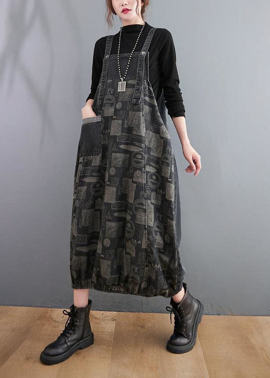 Black Print Patchwork Denim Spaghetti Strap Dress Spring