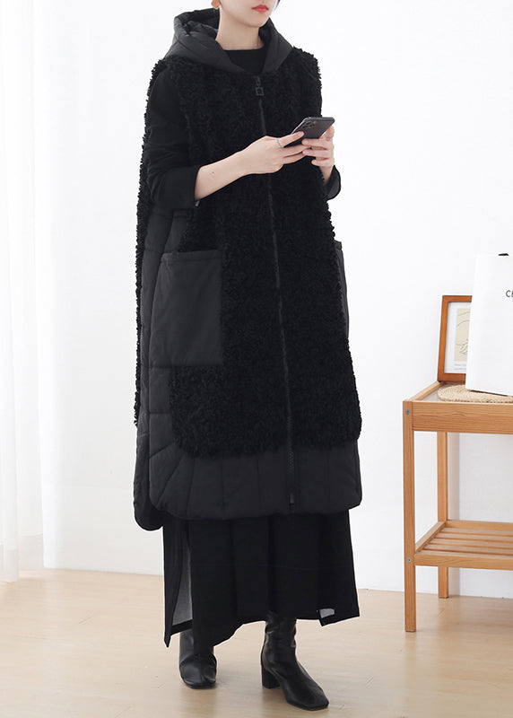 Black Side Open Woolen Cotton Hooded Waistcoat Sleeveless