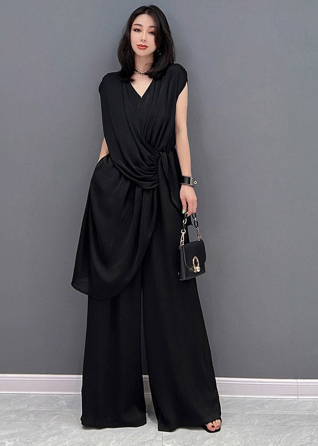 Black V Neck Wrinkled Pockets Silk Jumpsuits Pants Summer