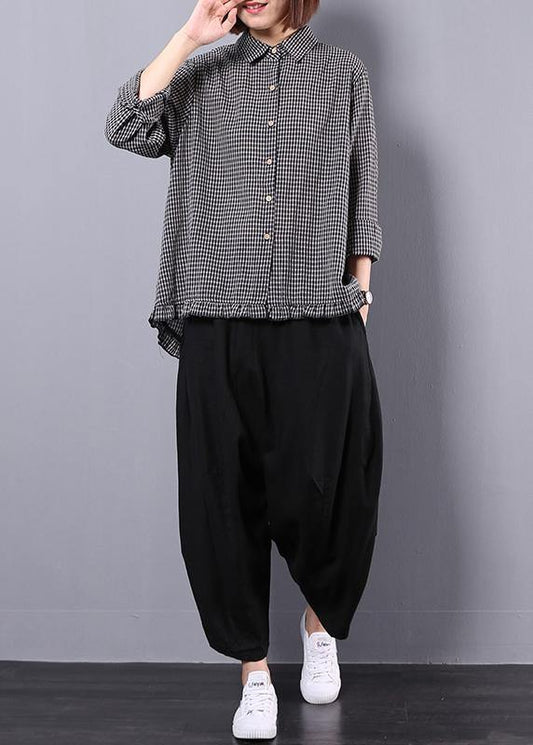 Black plaid shirt suit female long sleeve 2019 spring and autumn loose casual harem pants two-piece suit - SooLinen