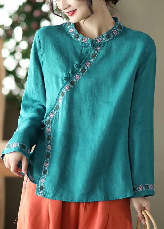 Blue Asymmetrical Design Linen Shirt Embroideried Long Sleeve