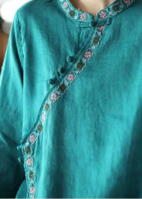 Blue Asymmetrical Design Linen Shirt Embroideried Long Sleeve